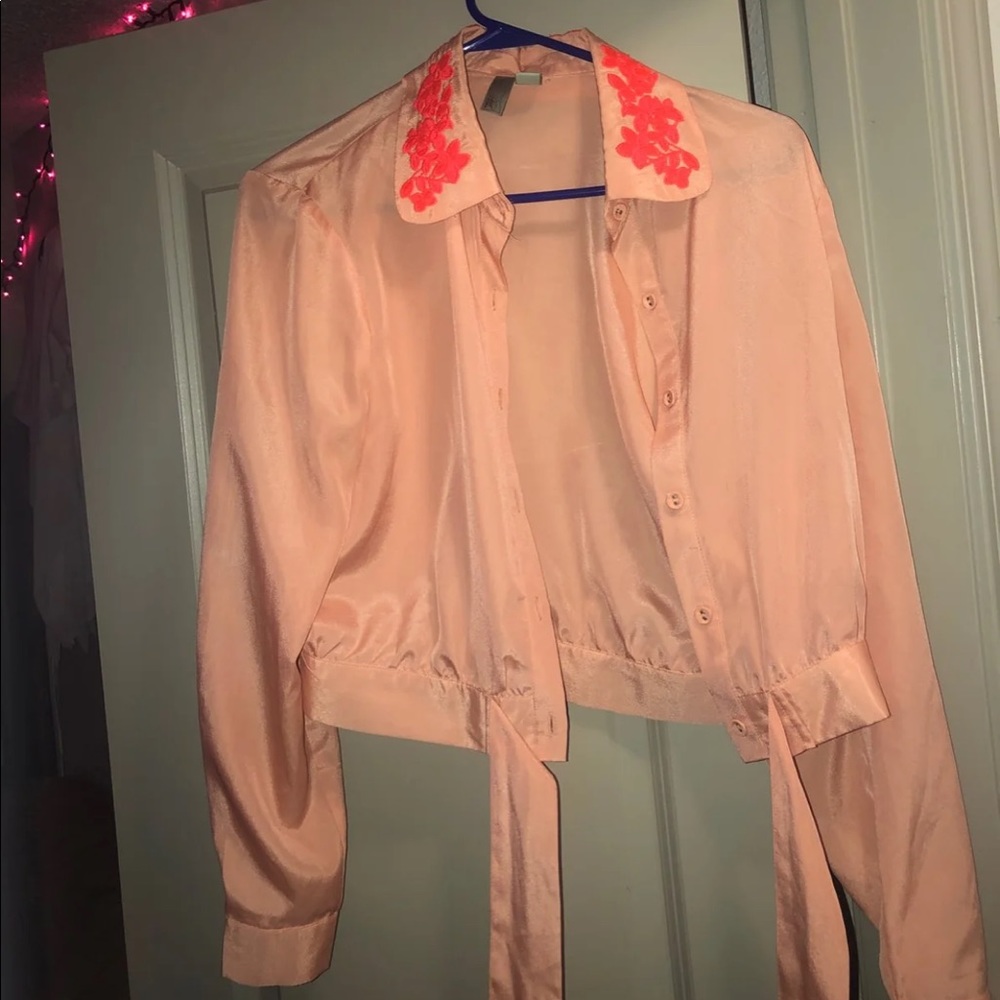 Pink cropped button up blouse